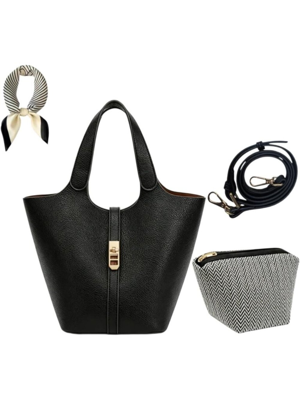 Stylish Vegan Leather Tote Bag - Versatile Bucket Satchel with Detachable Pouch